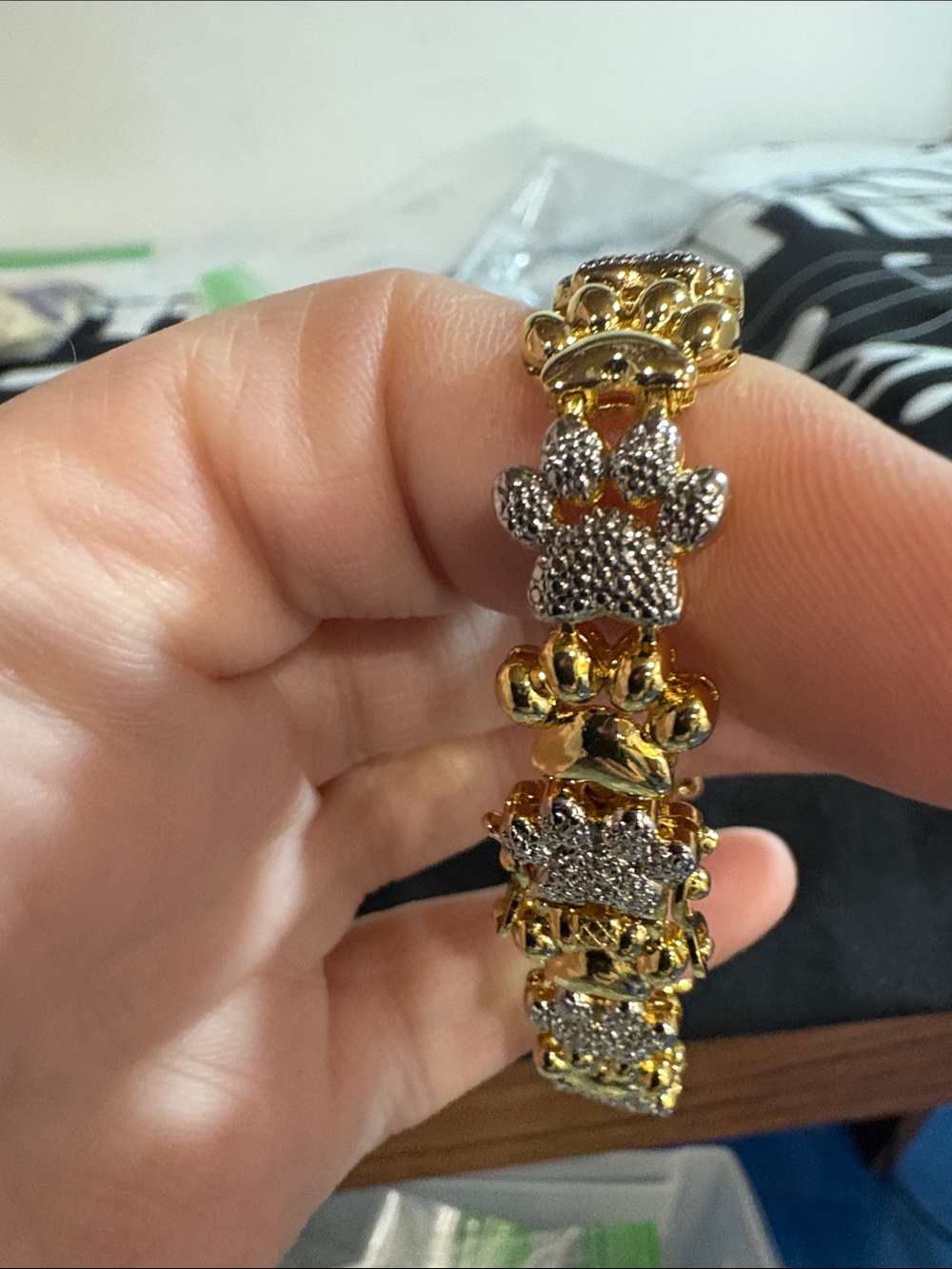 Gold and Silver Crystal Teddy Charm Stretch Bracelet